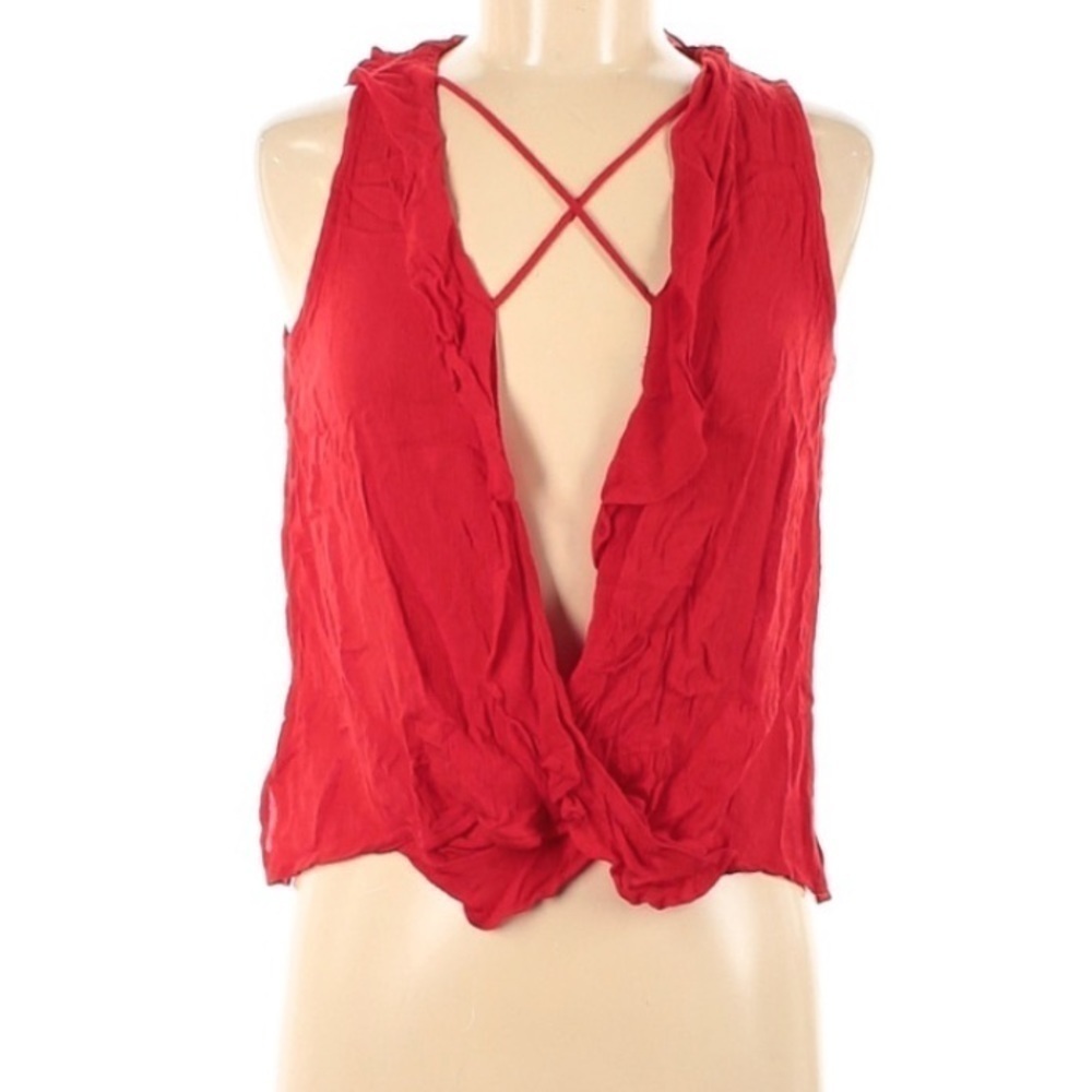 Elodie Plunge V Neck Faux Wrap Sleeveless top red medium
